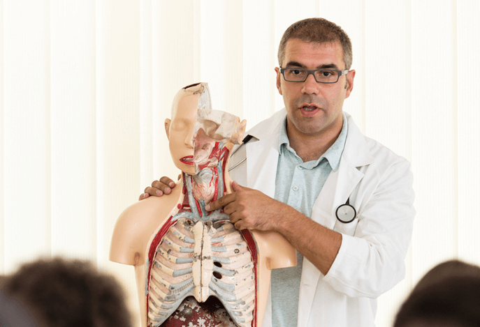 physician teaching a class about the human body